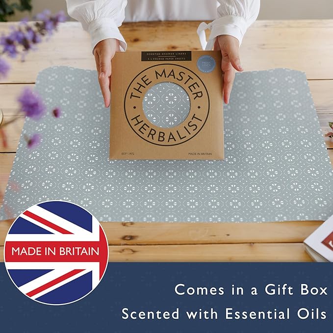 The Master Herbalist Fragrant Scented Drawer Liners in a Geometric Print (Folded) | Natural | Pack of 5 Sheets | Contains Essential Oils | Made in The UK (Dusk Blue | Fresh Linen, Folded)