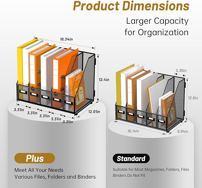 DALTACK Desk Organizers Metal Magazine File Holder with 5 Vertical Compartments Folder Storage Binder Organizer for Office Home School Organization, Black Plus