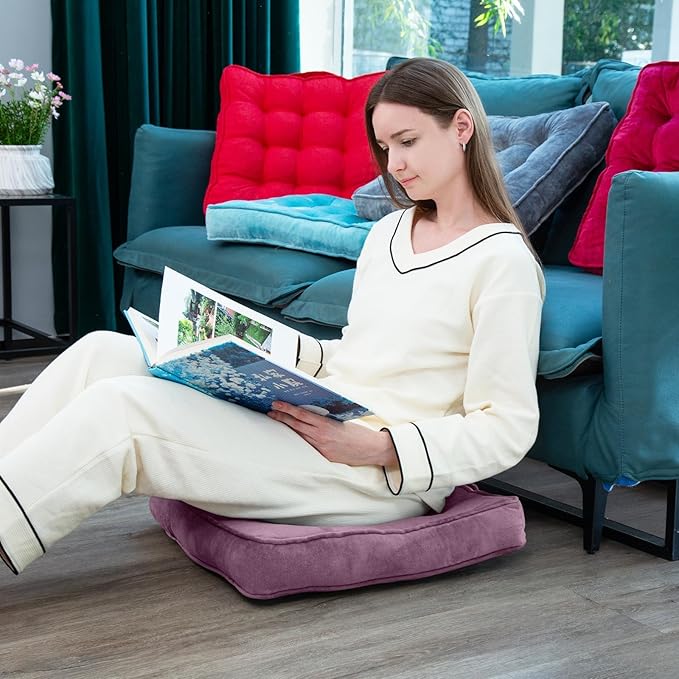 Floor Pillow Set of 2, Memory Foam Meditation Cushion, Floor Cushions for Adults Sitting, Large Square Seat Cushions for Yoga, Living Room, 20x20 Inch (Purple)