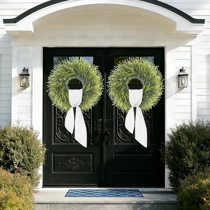 28In Large Boxwoods Door Wreaths for Front Door Spring Summer Outside All Season Green Year Round Artificial Greenery Wreath for Wall Window Rustic Farmhouse Home Outdoor Indoor Decorations