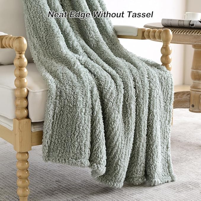 Ultra Soft Cozy Sherpa Throw Blanket, Light Weight Warm Decorative Boho Style Plush Throw Blanket Cover for Couch, Sofa, Bedroom,Travel, Outdoor, 50”x60”, Sage Green