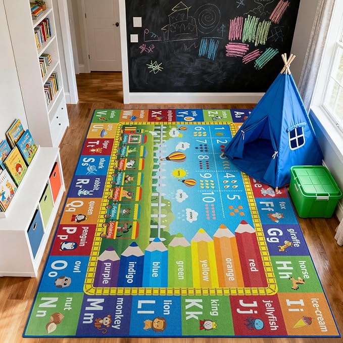 Unirea 3x5 Kids Rug for Playroom Bedroom Living Room, Washable Educational Play Mat with ABC Alphabet, Numbers, Animals for Classroom, Nursery, Colorful Learning Carpet for Toddlers, Rainbow
