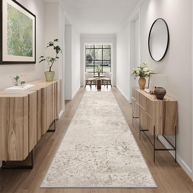 Art&Tuft Non-Slip Runner Rug - 3x10 Runner Rug Washable Low-Pile Rugs Runners, Soft Distressed Carpet Runner for Bedroom Bathroom Kitchen Laundry Living Room, Beige