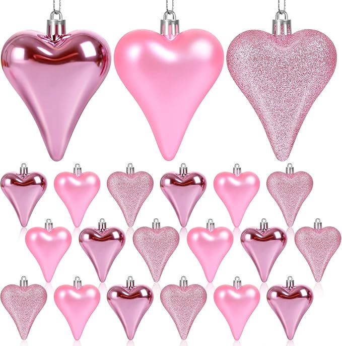 18 Pcs Valentines Tree Heart Ornaments Pink Valentines Tree Decorations, 3 Style 3.2" Valentine Hanging Ornaments for Christmas Tree Anniversary Party Decoration