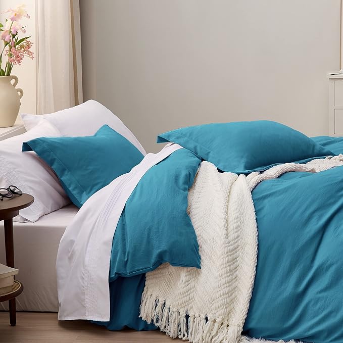 Bedsure Teal Duvet Cover Full Size - 3 Pieces Prewashed Extra Soft Cotton-Like Bedding Set, Includes 1 Duvet Cover 80x90 Inches with Zipper Closure & 2 Pillow Shams, Comforter Not Included
