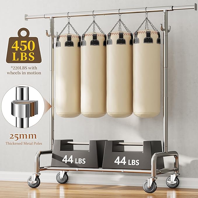 Raybee 75" W Heavy Duty Clothes Rack, 450 LBS Clothing Rack with Lockable Wheels, Sturdy Clothing Racks for Hanging Clothes, Extendable Garment Rack for Bedroom, Laundry Room, Commercial