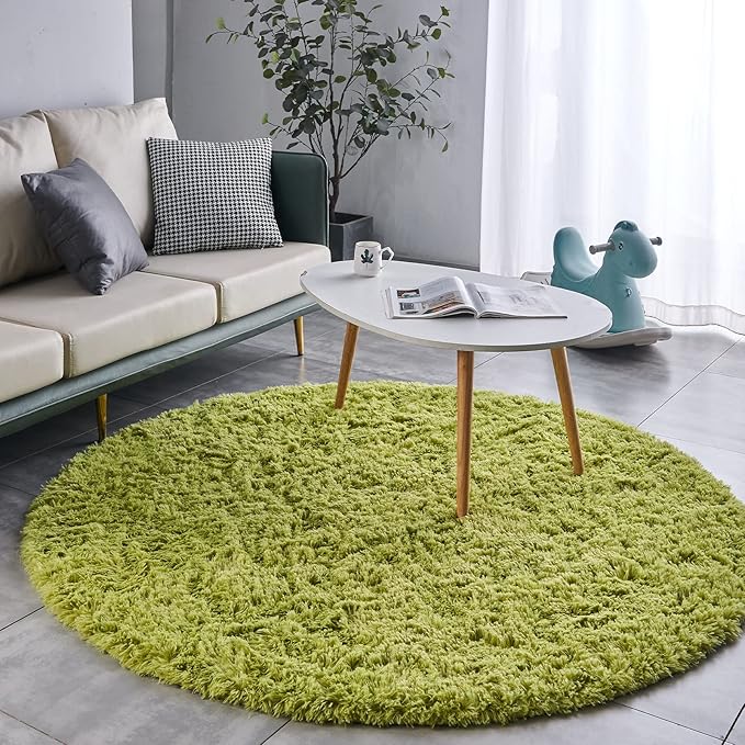 FJZFING Grass Green Round Rug Ultra-Soft Plush Modern 5x5 Circle Area Rug for Kid's Bedroom, Fluffy Shag Circular Rug for Nursery Room, Cute Grass Green Carpet for Teen's Room