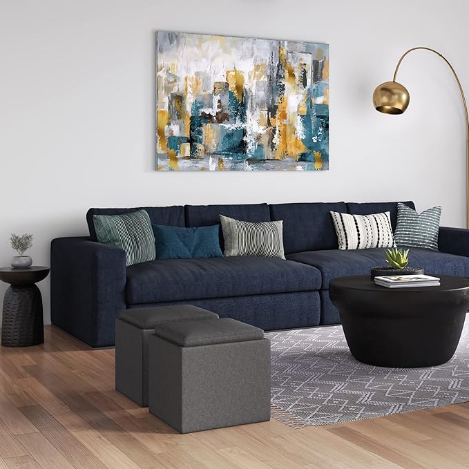 SIMPLIHOME Rockwood Cube Storage Ottoman with Tray - 17 inch Wide Upholstered Linen Look Fabric Square Storage Ottoman in Slate Grey, Contemporary Cube Ottoman for Living Room with Serving Tray
