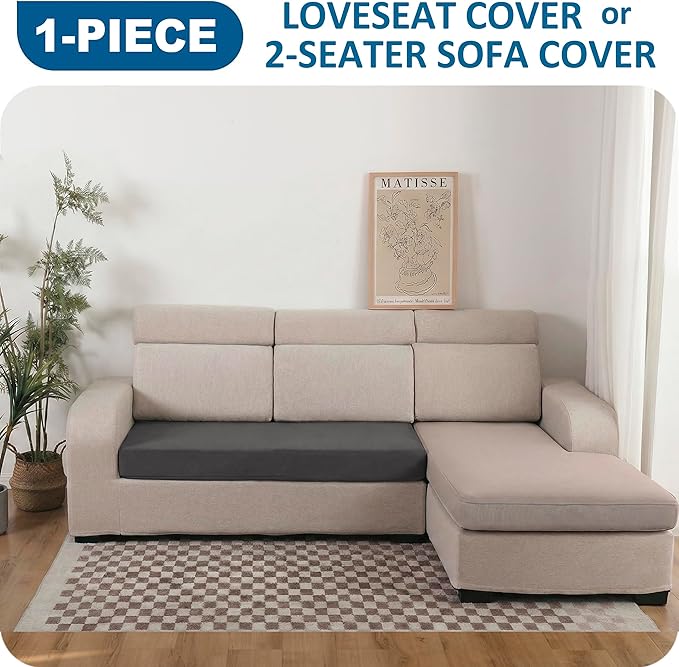 100% Waterproof Couch Cushion Covers, Stretch Sofa Seat Cover, Reversible Furniture Protector Covers for Pets, Washable (Loveseat Cushion, Grey), Medium