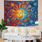 Sun and Moon Tapestry Boho Hippie Orange Red Blue Floral Tapestry for Bedroom Aesthetic Abstract Plant Flowers Stars Small Tapestries Wall Hanging for Living Room Dorm 90 x 68 Inch