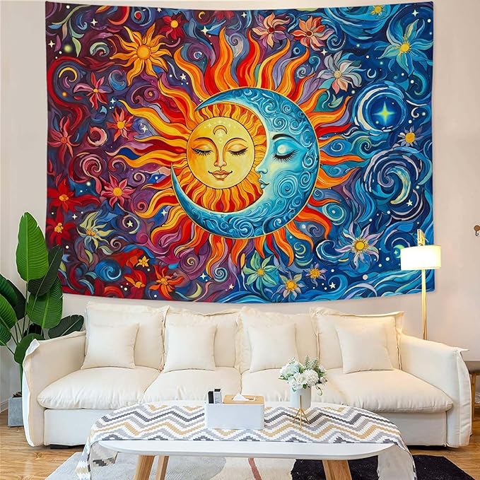Sun and Moon Tapestry Boho Hippie Orange Red Blue Floral Tapestry for Bedroom Aesthetic Abstract Plant Flowers Stars Small Tapestries Wall Hanging for Living Room Dorm 80 x 60 Inch