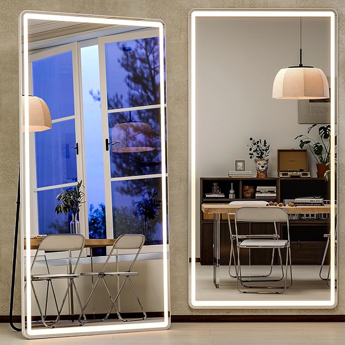 GLSLAND 34x76 inch Full Length Mirror with Lights - LED Full Body Mirrors Stepless Dimmable 3 Color Lighting Floor Standing Hanging for Bedroom Cloakroom,White