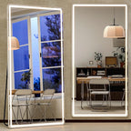 GLSLAND 34x76 inch Full Length Mirror with Lights - LED Full Body Mirrors Stepless Dimmable 3 Color Lighting Floor Standing Hanging for Bedroom Cloakroom,White