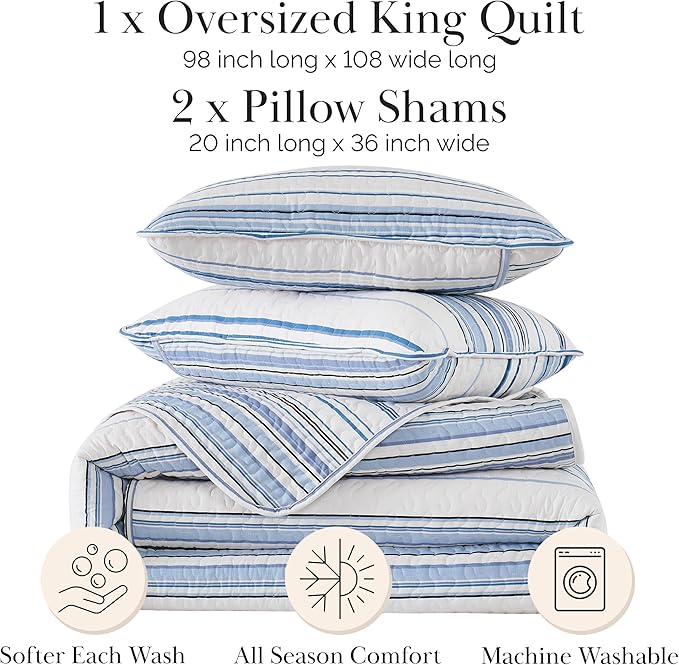 Southshore Fine Living, Inc. Oversized King Quilt Set, All Season Striped Blue Bedspread Set, 3-Piece Coastal Bedding, California/King Coverlet Sets with Shams, Soft Microfiber Quilt, Blue Stripes