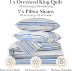 Southshore Fine Living, Inc. Oversized King Quilt Set, All Season Striped Blue Bedspread Set, 3-Piece Coastal Bedding, California/King Coverlet Sets with Shams, Soft Microfiber Quilt, Blue Stripes