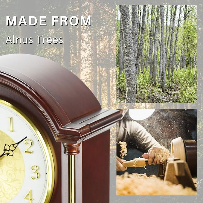 Mantel Clock Antique Classic Luxury Style Golden Clock Dial Alnus Wood Clock Frame Hourly Chime Non-Ticking Night Mode