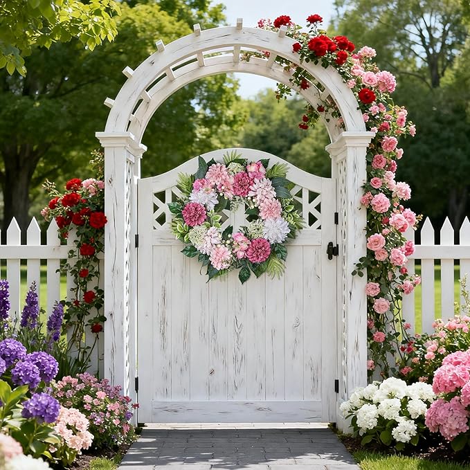24-Inch Spring Wreath for Front Door with Hydrangeas Dahlias Daisy Silk Flowers and Berry Greenery for All Seasons Indoor Outdoor Wedding Farmhouse Porch Wall Living Room Home Wedding Decor