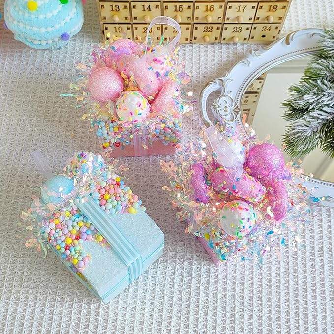 Christmas Tree Gift Box Ornament Set,3 Pieces Macaron Color Candy Gift Hanging Ornaments for Christmas, New Year, Easter, Birthday (Pink Purple Blue)