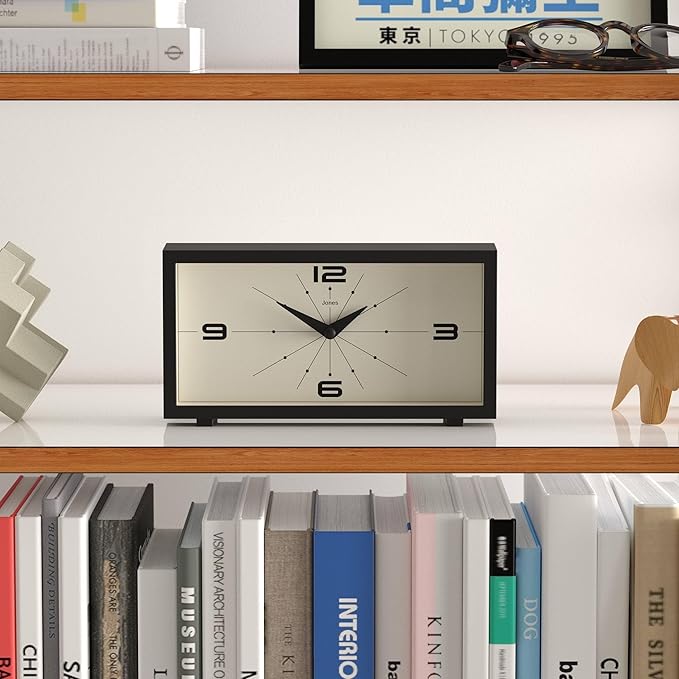 JONES CLOCKS® Odeon Desk Clock | Modern Rectangular Design | Black | Stylish Retro Look for Shelf, Table, Mantel or Bedside