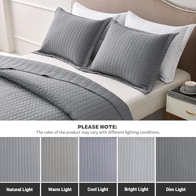 Maple&Stone Quilt Set California King Size, Lightweight Grey Bedspread Ultrasonic Chevron Pattern Light Coverlet for All Season Comforter Bedding Decor - 3 Piece Bed Cover Sets