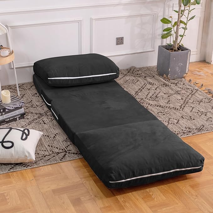 Bean Bag Chairs for Adults,Folding Sofa Bed,Floor Couch Bed, Foam Filling Fold Floor Mattress with Washable Soft Faux Fur Cover, Leisure Floor Couch for Bedroom Living Room(Black,Single)