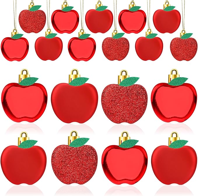 JULMELON 24Pcs Back to School Ornaments, A-pples Tree Decorations Red Shiny Matte Glitter Apples Hanging Ornaments with Rope for First Day of School Party Birthday Classroom Supply Decorations