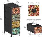 GiftGo Skinny Slim Dresser with Fabric Drawers Thin Boho Mandala Flower Chest of Drawers Narrow Storage Tower for Small Spaces Gaps Bedroom Beautiful Nightstand Living Room Table