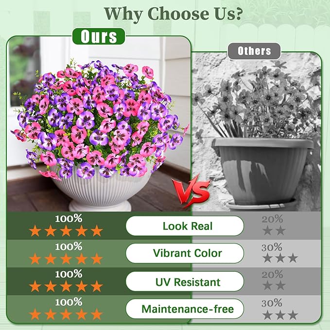 MARTINE MALL 18 Bundles Look Real Artificial Flowers for Outdoors, Realistic Fake Outdoor Flowers, UV Resistant Silk Pansy Flowers for Outside Faux Flowers Plants for Outdoor Porch Patio, Pink+Purple