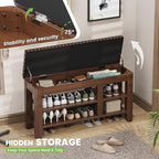 Shoe Bench for Entryway, Solid Rubberwood Shoe Bench with Hidden Storage, Adjustable 2-Tier Shelves & Soft PU Leather Seat, Shoe Rack Durable Easy Assembly for Hallway or Bedroom - Brown, 39.4"