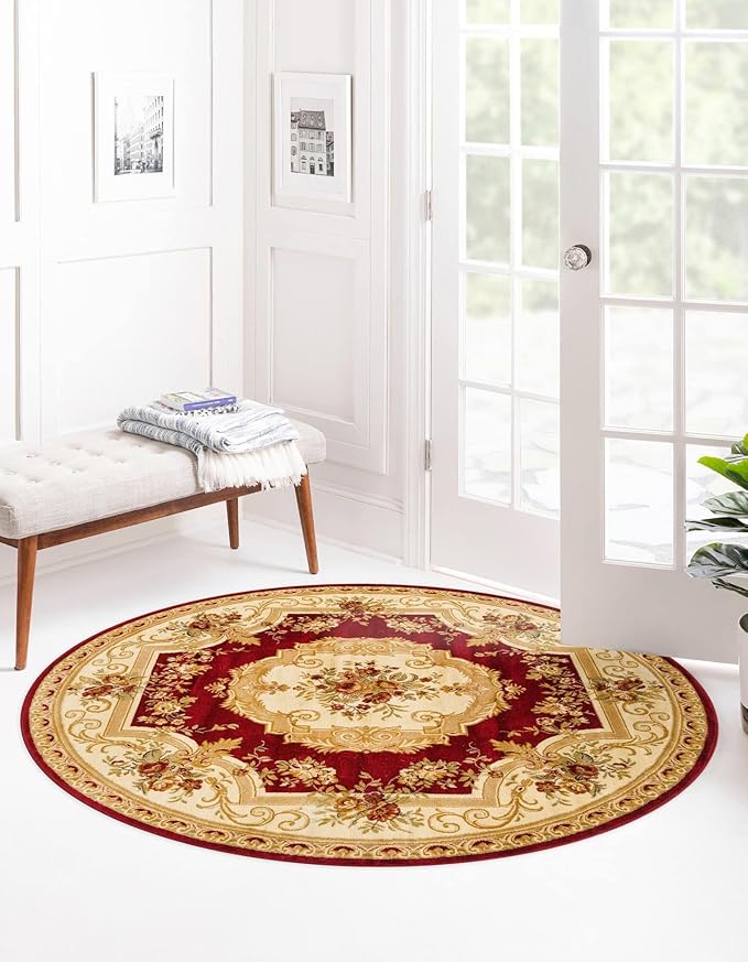 Rugs.com Chateau Collection Rug – 8 Ft Round Red Medium Rug Perfect for Kitchens, Dining Rooms