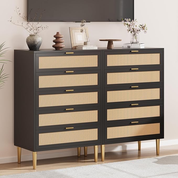 GarveeHome Rattan 5 Drawer Dresser, Modern Chest of Drawers with Gold Legs and Gold Handles, Tall Dresser with Large Tabletop and Anti-Tipping Design for Bedroom Living Room, Black