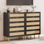 GarveeHome Rattan 5 Drawer Dresser, Modern Chest of Drawers with Gold Legs and Gold Handles, Tall Dresser with Large Tabletop and Anti-Tipping Design for Bedroom Living Room, Black
