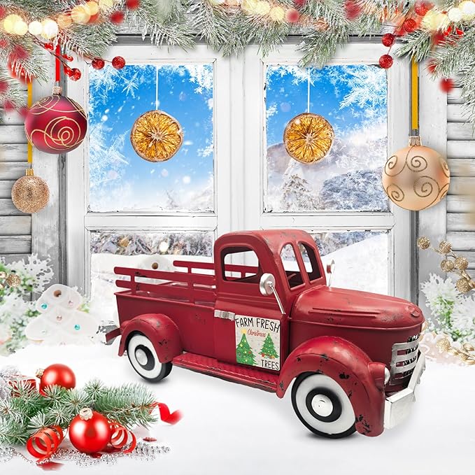 Valentine's day Truck Decor 13.4 Inch Farmhouse Vintage Metal Truck with 12 Magnets Valentines Day Table Decorations for Home Kitchen Mantel Spring Garden Interchangeable Seasonal Decor