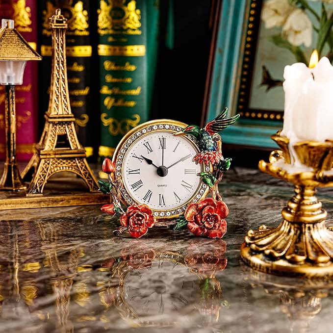 Mini Tabletop Clock, Decorative Vintage Floral Metal Table Clock with Battery Operated for Bedside, Table, Living Room, Home and Office