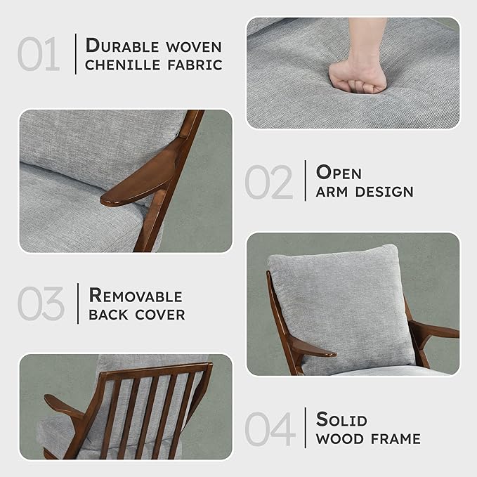 Lexicon Mid Century Modern Accent Chair, Pascal Brown Solid Rubberwood Frame, Reversible Back Cushion, Woven Chenille Upholstered Reading Chair, for Living Room/Bedroom/Office, Grey