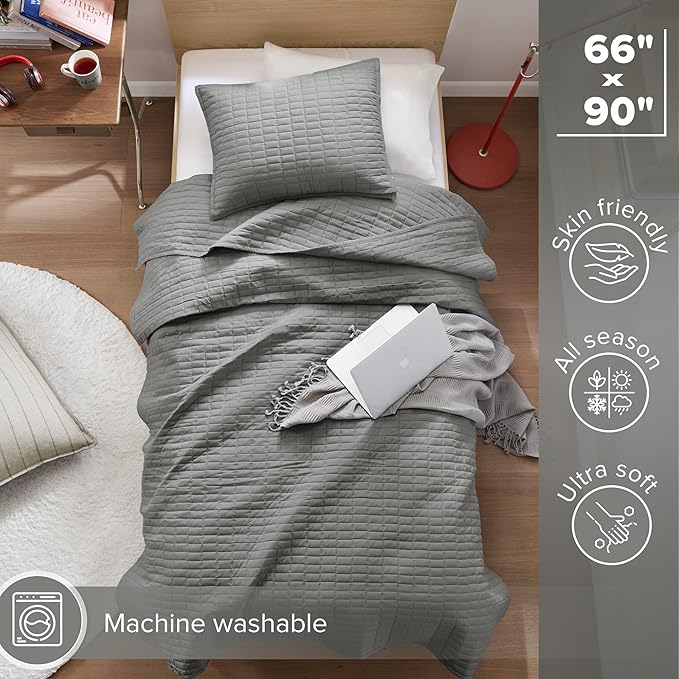 Comfort Spaces Kienna Quilt Set- Double Sided Stitching Design Summer Blanket, Lightweight, Soft, All Season Bedding Layer, Matching Sham, Charcoal, Coverlet Twin/Twin XL(66"x90") 2 Piece