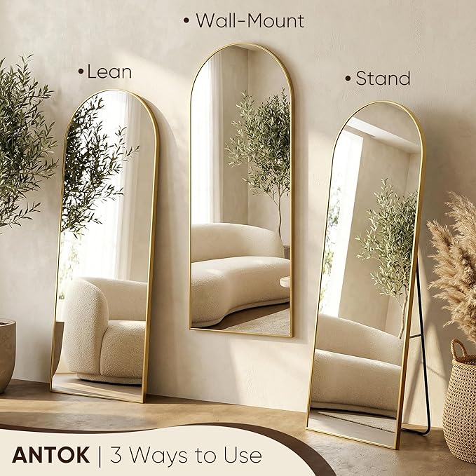 Antok Full Length Mirror, 59"x18" Floor Mirror, Arched Floor Standing Freestanding Arch Full Body Mirrors with Stand for Bedroom, Hanging Mounted for Living Room Cloakroom,Gold