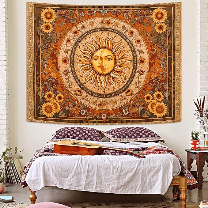 Accnicc Vintage Sun and Moon Tapestry Boho Yellow Orange Indie Wall Tapestry for Bedroom Aesthetic Sunflower Large Hippie Fall Tapestries Wall Hanging for Living Room Dorm 80 x 60 Inch