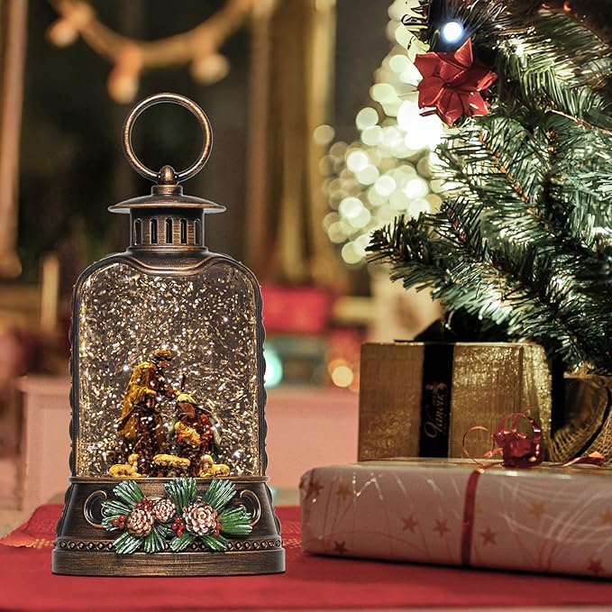 9.6" Christmas Snow Globe Lantern with Nativity - Water Swirling Glitter LED Light Musical Lantern with Exterior Decor - Vintage Xmas Gifts - USB Plug or Battery Operated Home Decor (Nativity)
