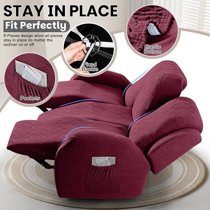 VANSOFY Recliner Couch Cover, 8-Pieces Stretch Recliner Sofa Cover Soft Jacquard Reclining Slipcover Furniture Protector with Elastic Bottom for Kid, Pets(3 Seat,Wine)
