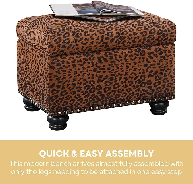 Convenience Concepts Designs4Comfort 5th Avenue Upholstered Storage Ottoman 24" - Contemporary Foot Stool and Seat with Hinged Lid for Living Room, Dining Room, Office, Forest Leopard Print Fabric