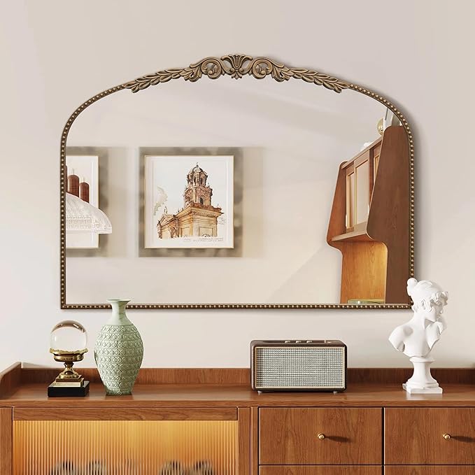 Besdomus Gold Large Arched Mirror: 40"x 30" French Baroque Vintage Mirror - Traditional Ornate Antique Mirrors for Wall/Mantel/Bedroom/Entryway/Bathroom/Hallway - Home Decor for Fashion-Conscious