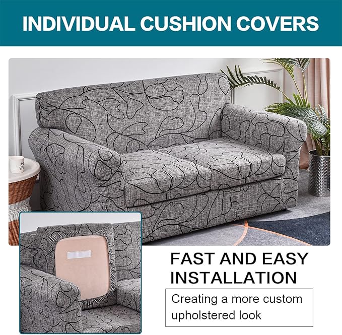 KRFOONN 3 Piece Stretch Sofa Couch Covers for 2 Cushion Couches Printed Sofa Loveseat Slipcover with 2 Separate Seat Cushion Covers Washable Sofa Slip Covers Furniture Protector (Loveseat, 25), Medium