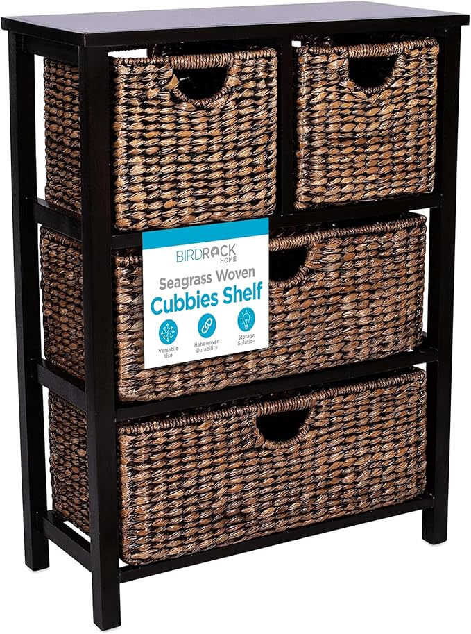 BIRDROCK Home Seagrass Cubby Dresser | 4 Drawer Bins | Decorative Wood Storage Cubbies Shelf Organizer | Industrial Furniture Chest Basket | Espresso