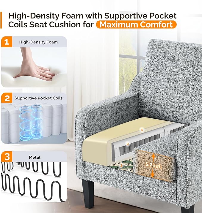 VINGLI Accent Chair for Living Room Chairs Reading Chair for Bedroom Chair Scooped Arm Chair Mid Century Modern Accent Chairs Upholstered Comfy Chair for Apartment, Waiting Room (1, Texture Gray)