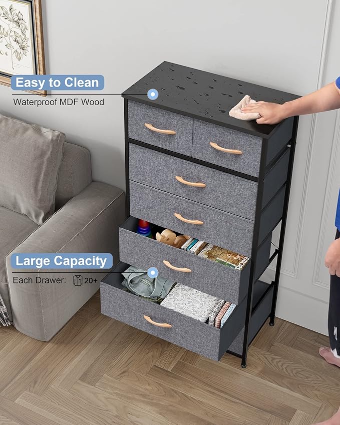 Crestlive Products Vertical Dresser Storage Tower - Sturdy Steel Frame, Wood Top, Easy Pull Fabric Bins, Wood Handles - Organizer Unit for Bedroom, Hallway, Entryway, Closets - 7 Drawers (Grey)