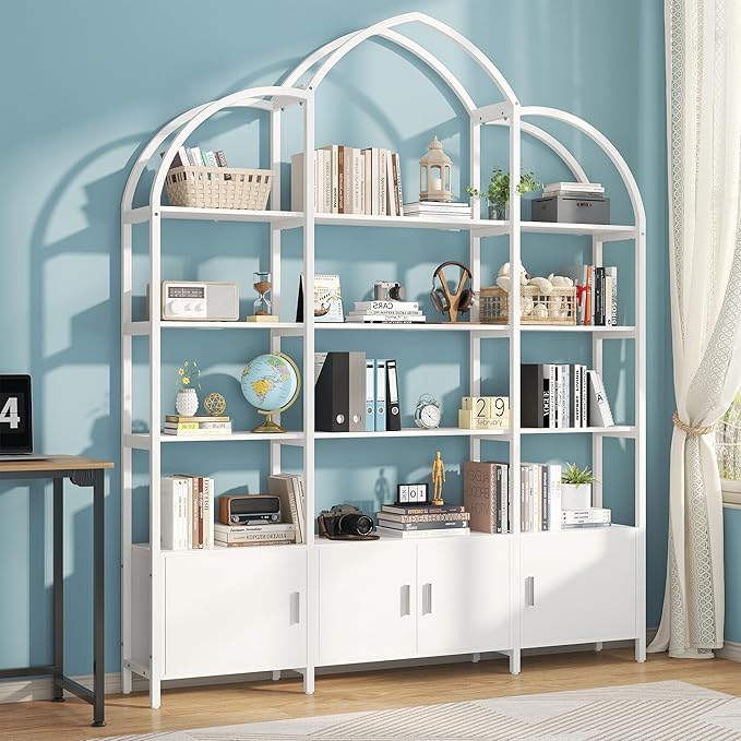 Semoic Arched Bookshelf and Bookcase with 3 Cabinets, Triple Wide 5 Tier Standing Book Shelf, Storage Display Rack Shelves, Industrial Open Bookshelf, Etagere Bookcase, White