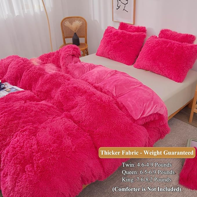 XeGe Plush Shaggy Duvet Cover Set, Luxury Ultra Soft Fluffy Faux Fur Bedding Sets 3 Pieces Velvet(1 Fuzzy Furry Comforter Cover + 2 Faux Fur Pillow Cases), Zipper Closure (Queen, Hot Pink)
