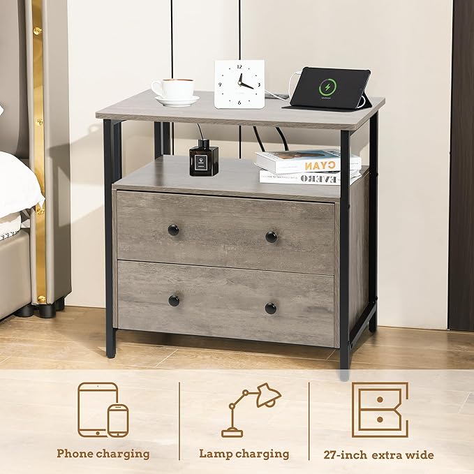 27 inch Wide Night Stand with Charging Station, Bedside Table with Open Shelf, 2 Drawers Small Wood Dresser, Modern Wood Nightstand for Bedroom/Living Room (Rustic Gray)