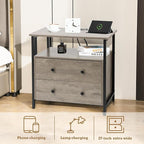 27 inch Wide Night Stand Set 2 with Charging Station, Bedside Table with Open Shelf, 2 Drawers Small Wood Dresser, Modern Wood Nightstand for Bedroom/Living Room (Rustic Gray)